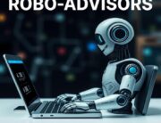 Robo-advisor robot analyzing investment data on computer screen - concept of automated wealth management and AI-driven financial planning