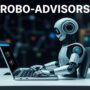 Robo-advisor robot analyzing investment data on computer screen - concept of automated wealth management and AI-driven financial planning