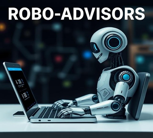 Robo-advisor robot analyzing investment data on computer screen - concept of automated wealth management and AI-driven financial planning
